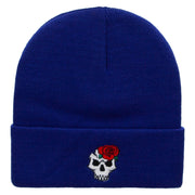 Skull Rose Embroidered 12 Inch Long Knitted Beanie - Royal OSFM