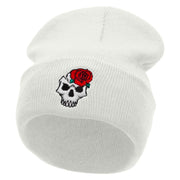 Skull Rose Embroidered 12 Inch Long Knitted Beanie - White OSFM