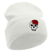 Skull Rose Embroidered 12 Inch Long Knitted Beanie - White OSFM