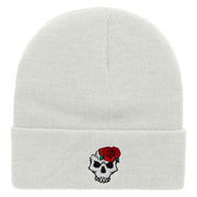 Skull Rose Embroidered 12 Inch Long Knitted Beanie - White OSFM