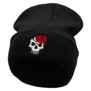 Skull Rose Embroidered 12 Inch Long Knitted Beanie - Black OSFM