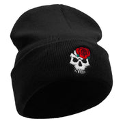 Skull Rose Embroidered 12 Inch Long Knitted Beanie - Black OSFM