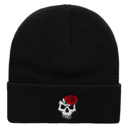 Skull Rose Embroidered 12 Inch Long Knitted Beanie - Black OSFM