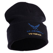 US Air Force Veteran with Wing Logo Embroidered 12 Inch Long Beanie - Black OSFM