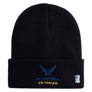 US Air Force Veteran with Wing Logo Embroidered 12 Inch Long Beanie - Black OSFM