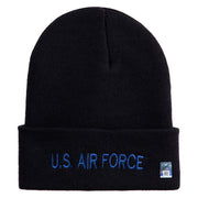 US Air Force Blue Letter Logo Embroidered 12 Inch Knit Long Beanie - Black OSFM