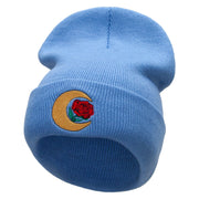 Moon Rose Embroidered 12 Inch Long Knitted Beanie - Sky-Blue OSFM