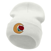 Moon Rose Embroidered 12 Inch Long Knitted Beanie - White OSFM