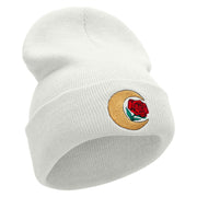 Moon Rose Embroidered 12 Inch Long Knitted Beanie - White OSFM