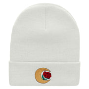 Moon Rose Embroidered 12 Inch Long Knitted Beanie - White OSFM