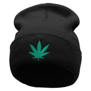 Marijuana Leaf Embroidered 12 inch Acrylic Cuffed Long Beanie - Black OSFM