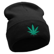 Marijuana Leaf Embroidered 12 inch Acrylic Cuffed Long Beanie - Black OSFM