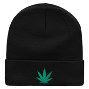 Marijuana Leaf Embroidered 12 inch Acrylic Cuffed Long Beanie - Black OSFM