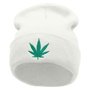 Marijuana Leaf Embroidered 12 inch Acrylic Cuffed Long Beanie - White OSFM