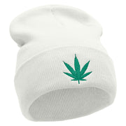 Marijuana Leaf Embroidered 12 inch Acrylic Cuffed Long Beanie - White OSFM