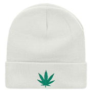 Marijuana Leaf Embroidered 12 inch Acrylic Cuffed Long Beanie - White OSFM