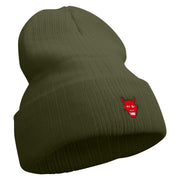 Made in USA Japan Ghost Icon Embroidered Heavy Ribbed Cuff Beanie - Olive OSFM