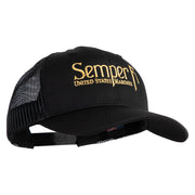 United States Marines Semper Fi Embroidered 6 Panel Structured Cotton Twill Mesh Cap Made in USA - Black OSFM
