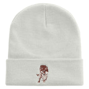 Wild Wolf Embroidered 12 Inch Long Knitted Beanie - White OSFM