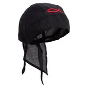 Simple Fish Icon Embroidered Cotton Poplin Biker Style Head Wrap - Black OSFM