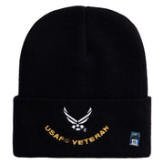 USAF Veteran Logo Embroidered 12" Knit Cuff Long Beanie - Black OSFM