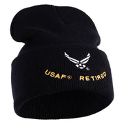 USAF Retired Logo Embroidered 12" Knit Cuff Long Beanie - Black OSFM