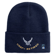 USAF Retired Logo Embroidered 12" Knit Cuff Long Beanie - Navy OSFM