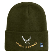 USAF Retired Logo Embroidered 12" Knit Cuff Long Beanie - Olive OSFM