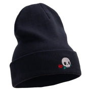 Skull Flower Embroidered 12 Inch Long Knitted Beanie - Navy OSFM