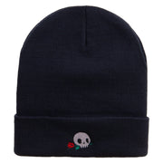 Skull Flower Embroidered 12 Inch Long Knitted Beanie - Navy OSFM