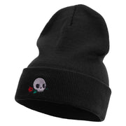 Skull Flower Embroidered 12 Inch Long Knitted Beanie - Black OSFM