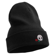 Skull Flower Embroidered 12 Inch Long Knitted Beanie - Black OSFM