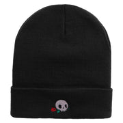 Skull Flower Embroidered 12 Inch Long Knitted Beanie - Black OSFM