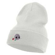 Skull Flower Embroidered 12 Inch Long Knitted Beanie - White OSFM