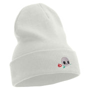 Skull Flower Embroidered 12 Inch Long Knitted Beanie - White OSFM