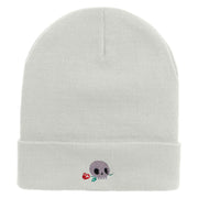 Skull Flower Embroidered 12 Inch Long Knitted Beanie - White OSFM