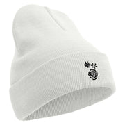 Scandinavian Flower Embroidered 12 inch Acrylic Blank Cuff Long Beanie - White OSFM