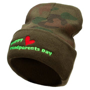 Happy Grandparents Day Embroidered Camo Knit Long Beanie with Cuff - Green OSFM