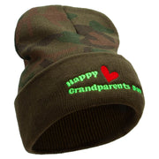 Happy Grandparents Day Embroidered Camo Knit Long Beanie with Cuff - Green OSFM