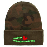 Happy Grandparents Day Embroidered Camo Knit Long Beanie with Cuff - Green OSFM