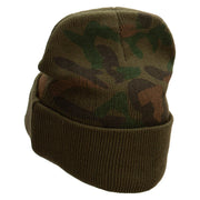 Bowling Letters Embroidered Camo Knit Long Beanie with Cuff - Green OSFM