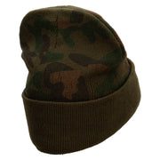 Bowling Letters Embroidered Camo Knit Long Beanie with Cuff - Green OSFM