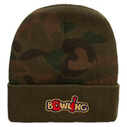 Bowling Letters Embroidered Camo Knit Long Beanie with Cuff - Green OSFM