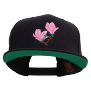Pink Magnolia Flowers Embroidered Wool Blend Prostyle Snapback - Black OSFM