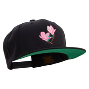 Pink Magnolia Flowers Embroidered Wool Blend Prostyle Snapback - Black OSFM