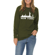 Statue of Liberty Skyline Graphic Long Sleeve Crewneck Tee