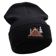 Lodging in the Forest Embroidered 12 Inch Solid Knit Cuff Long Beanie Made in USA - Black OSFM