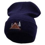 Lodging in the Forest Embroidered 12 Inch Solid Knit Cuff Long Beanie Made in USA - Navy OSFM