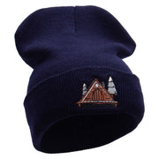 Lodging in the Forest Embroidered 12 Inch Solid Knit Cuff Long Beanie Made in USA - Navy OSFM