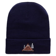 Lodging in the Forest Embroidered 12 Inch Solid Knit Cuff Long Beanie Made in USA - Navy OSFM